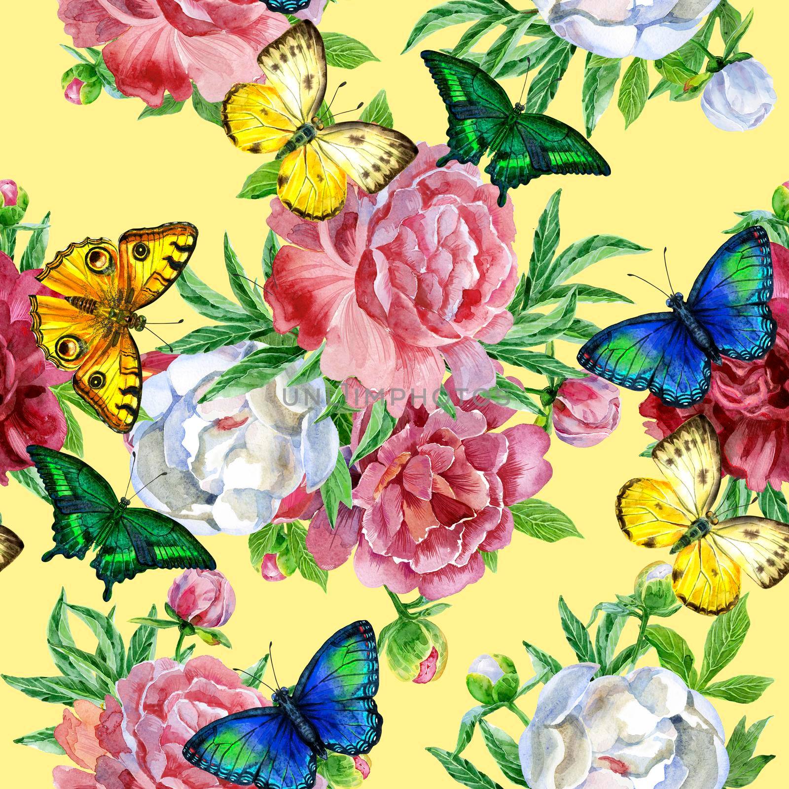 Seamless pattern with peonies flowers and butterflies. Modern floral pattern for packaging, textile, wallpaper, print, gift wrap, greeting or wedding background.