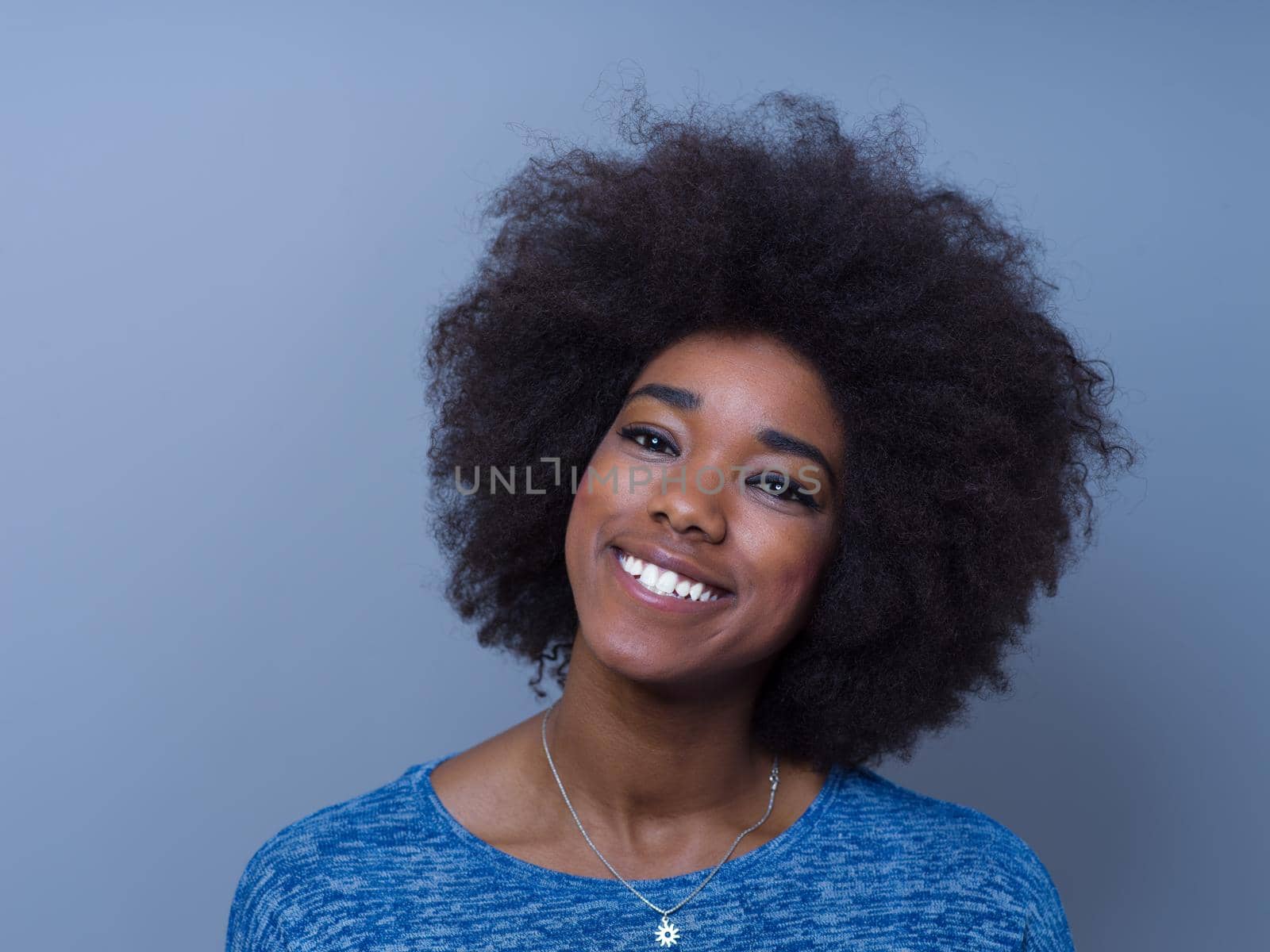 portrait of a beautiful friendly African American woman with a curly afro hairstyle and lovely smile isolated on a gray background
