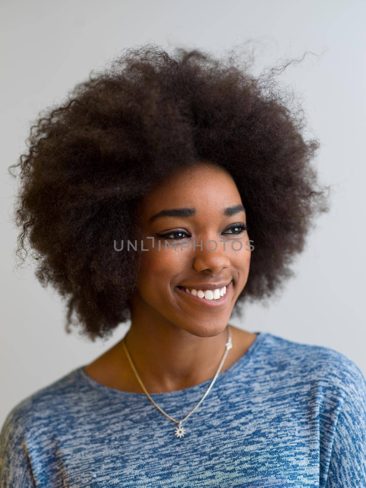 portrait of a beautiful friendly African American woman with a curly afro hairstyle and lovely smile isolated on a white background