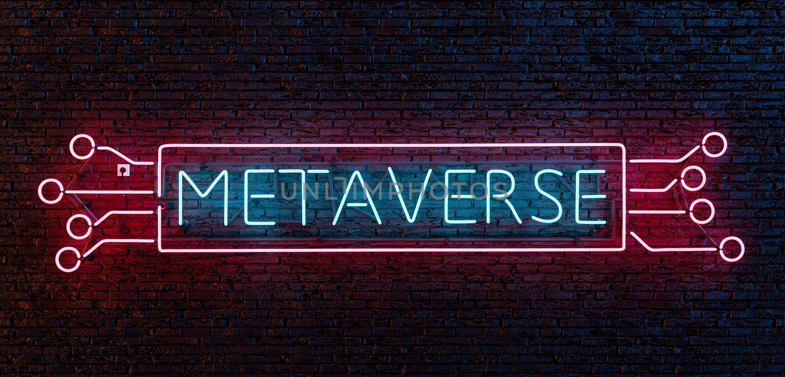 brick wall with futuristic neon sign with the word METAVERSE in pink and blue. 3d rendering