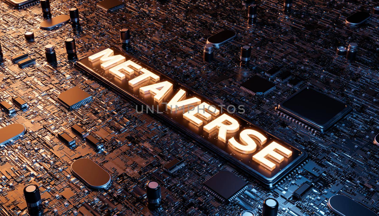 METAVERSE sign on an electronic chip on a motherboard full of microchips. futuristic concept of video games and virtual reality. 3d rendering
