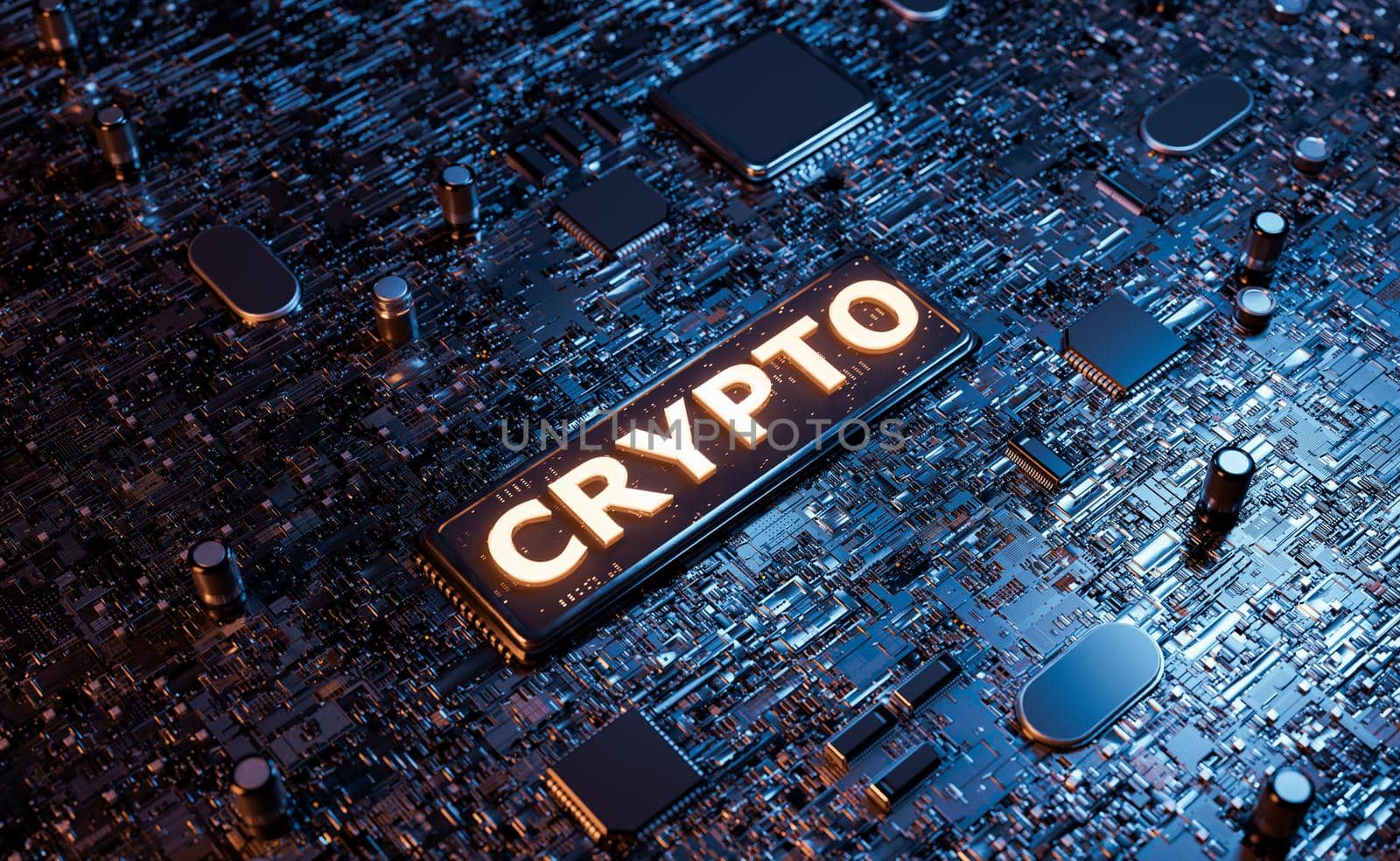 CRYPTO sign on an electronic board full of microchips by asolano