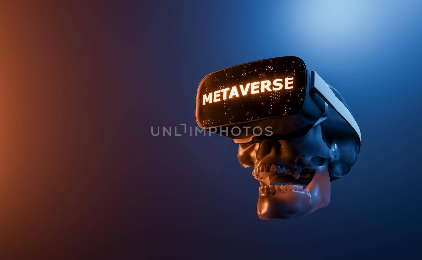 skull with VR glasses and illuminated sign with the word METAVERSE on it. futuristic concept of video games, NFT, VR and crypto. 3d rendering