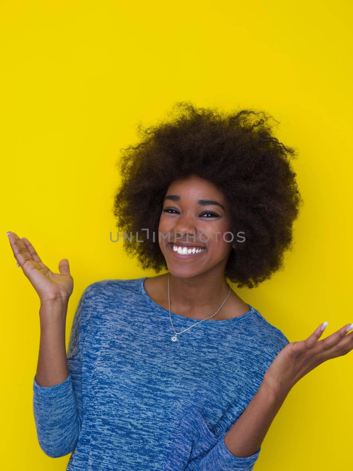 portrait of a beautiful friendly African American woman with a curly afro hairstyle and lovely smile isolated on a Yellow background