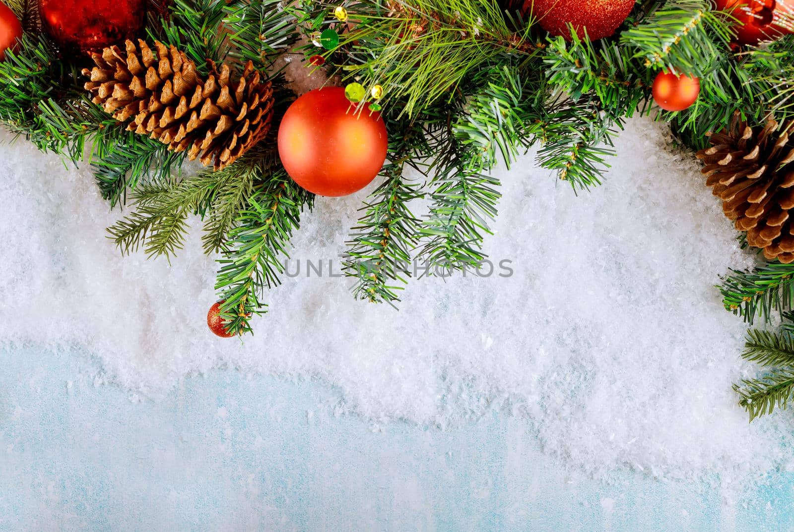 Christmas decorations tree with snow blurred Happy New Year background