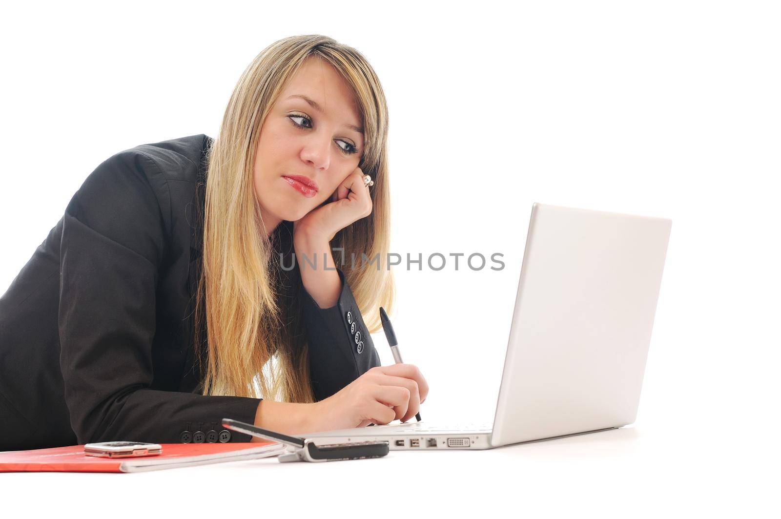 one young teen woman girl work on laptop isolated
