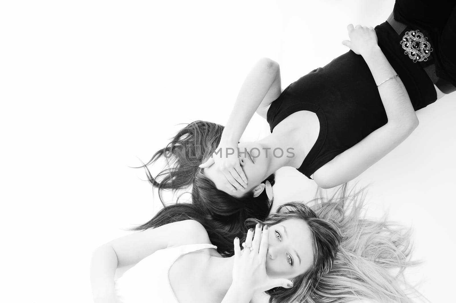 young two lesbian love  woman with beautiful face lie on floor isolated 