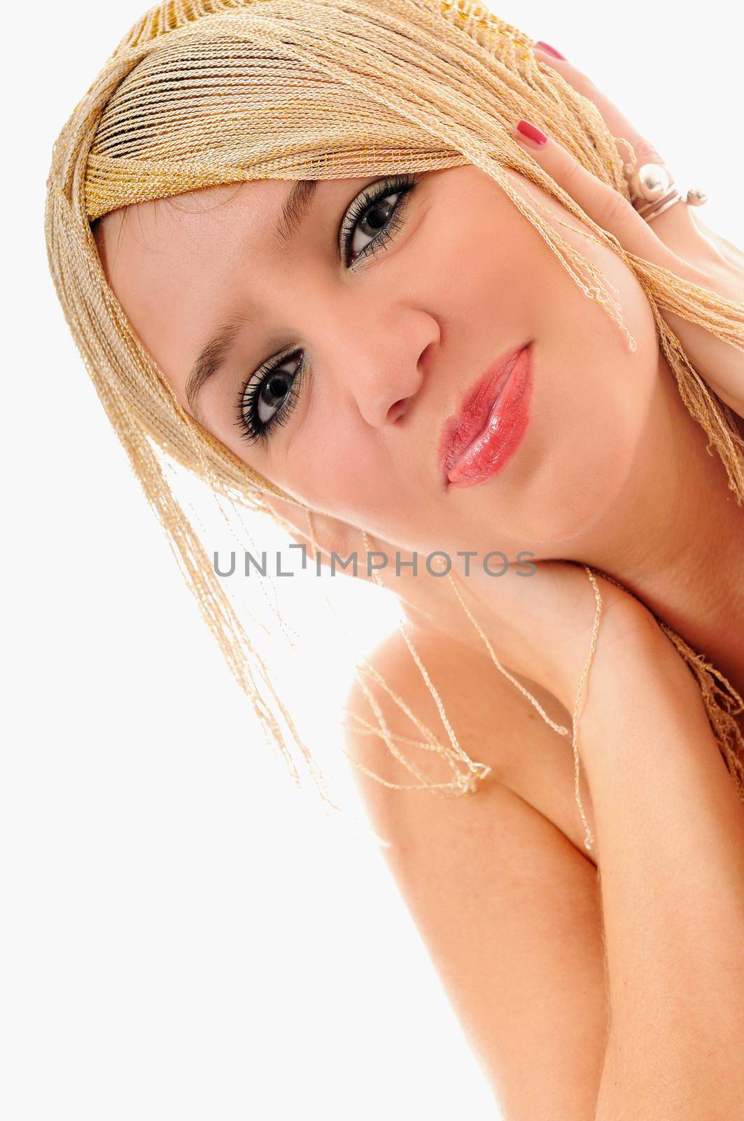 one beautiful young woman portrait isolated hairstily makeup spa and welness concept