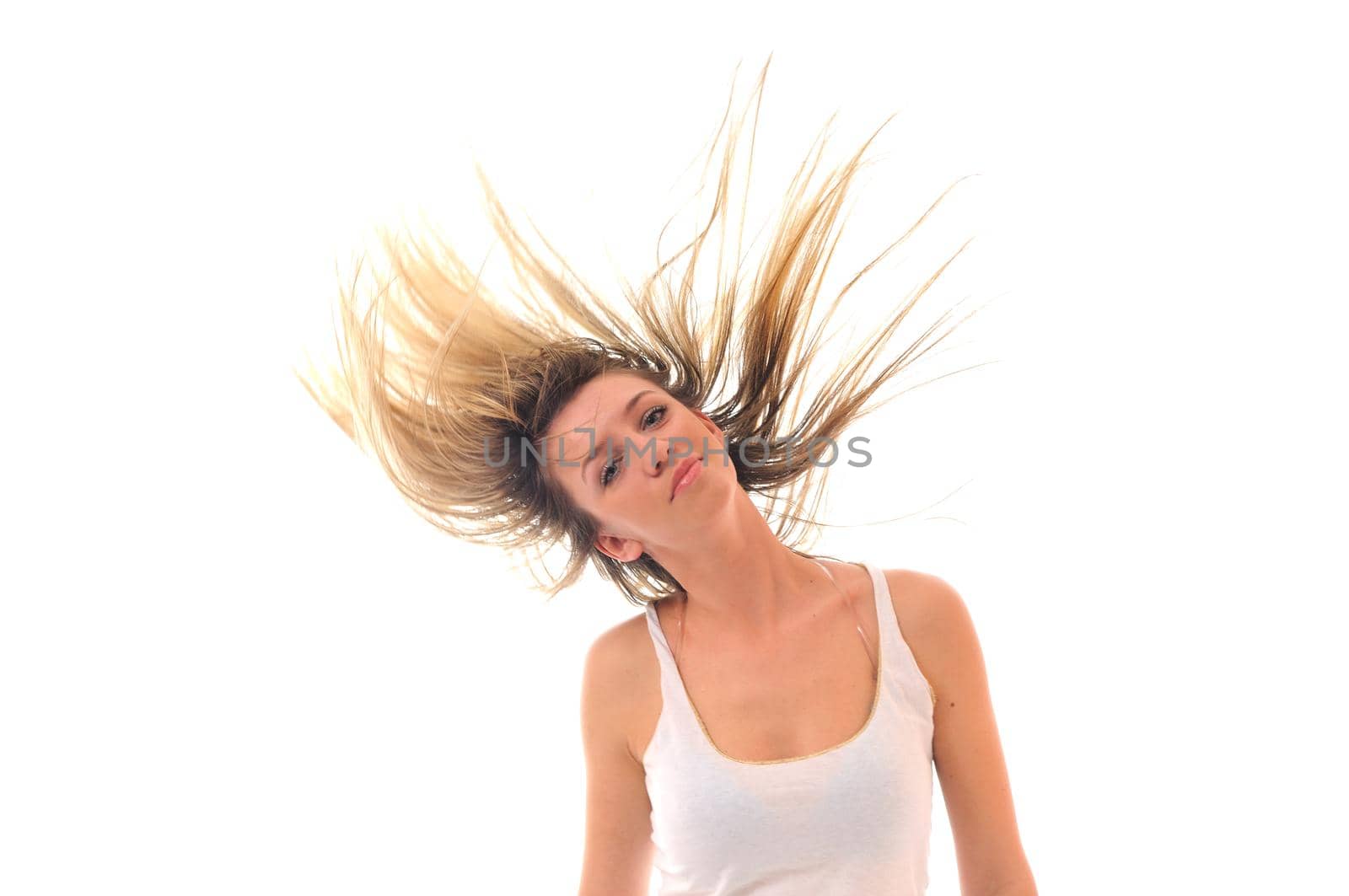 young beauty happy party woman dance with wind in hair isolated
