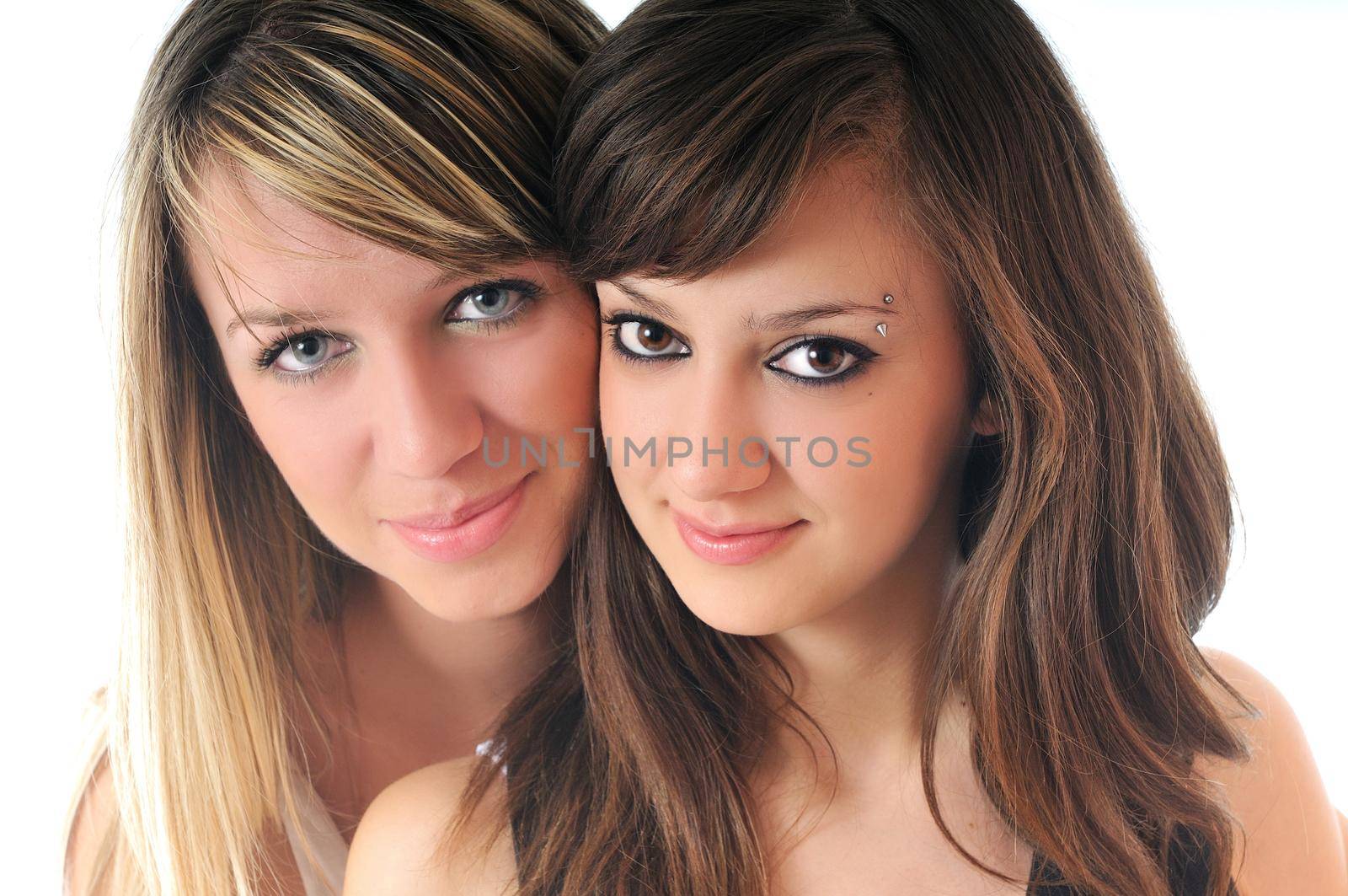 two young girl lesbian friend isolated happy on white background