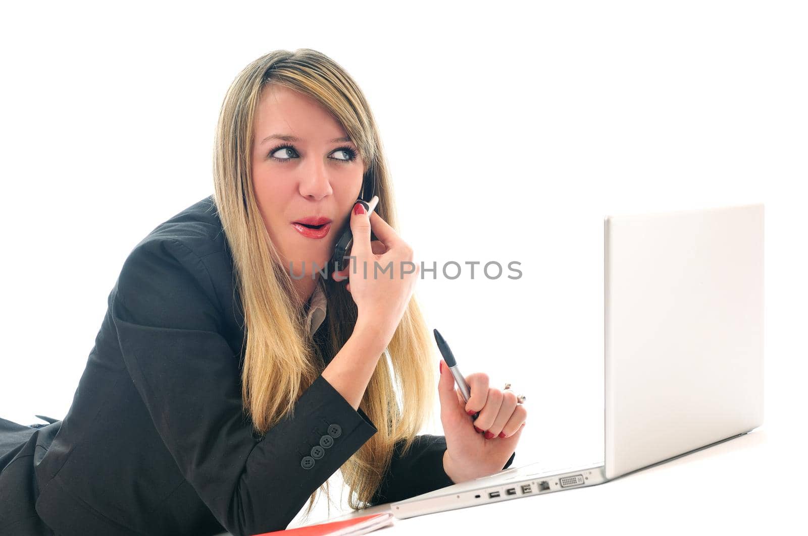 one young teen woman girl work on laptop isolated business