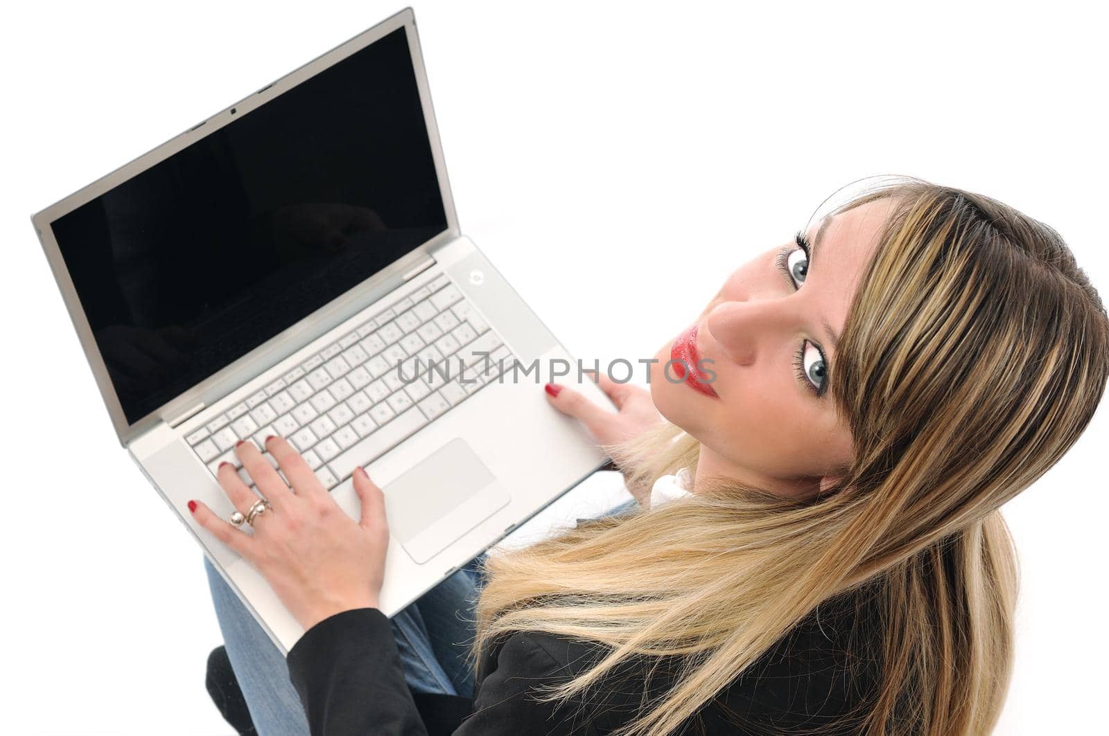 one young teen woman girl work on laptop isolated business
