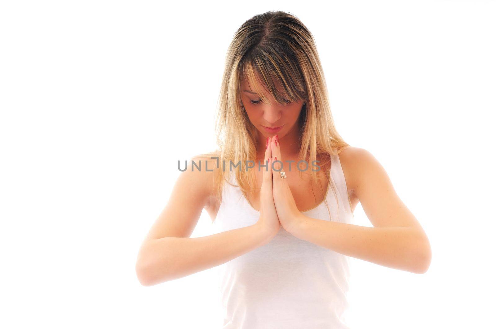 one young fit  woman in white shirt meditating adn exercise  yoga isolated