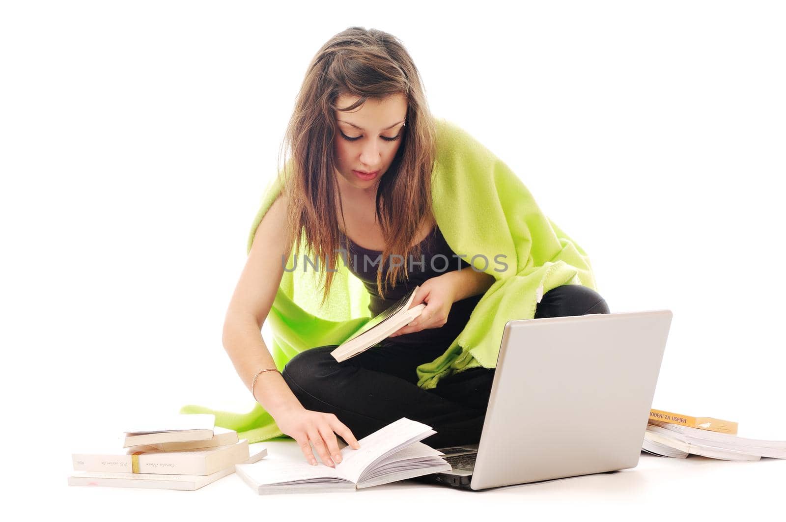 one young teen woman girl work on laptop isolated