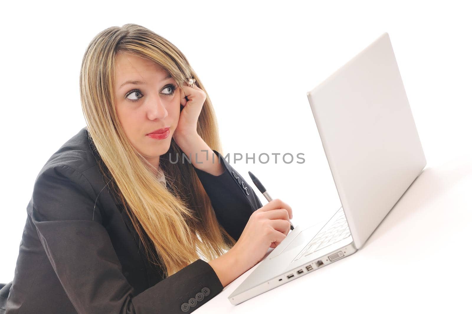 one young teen woman girl work on laptop isolated