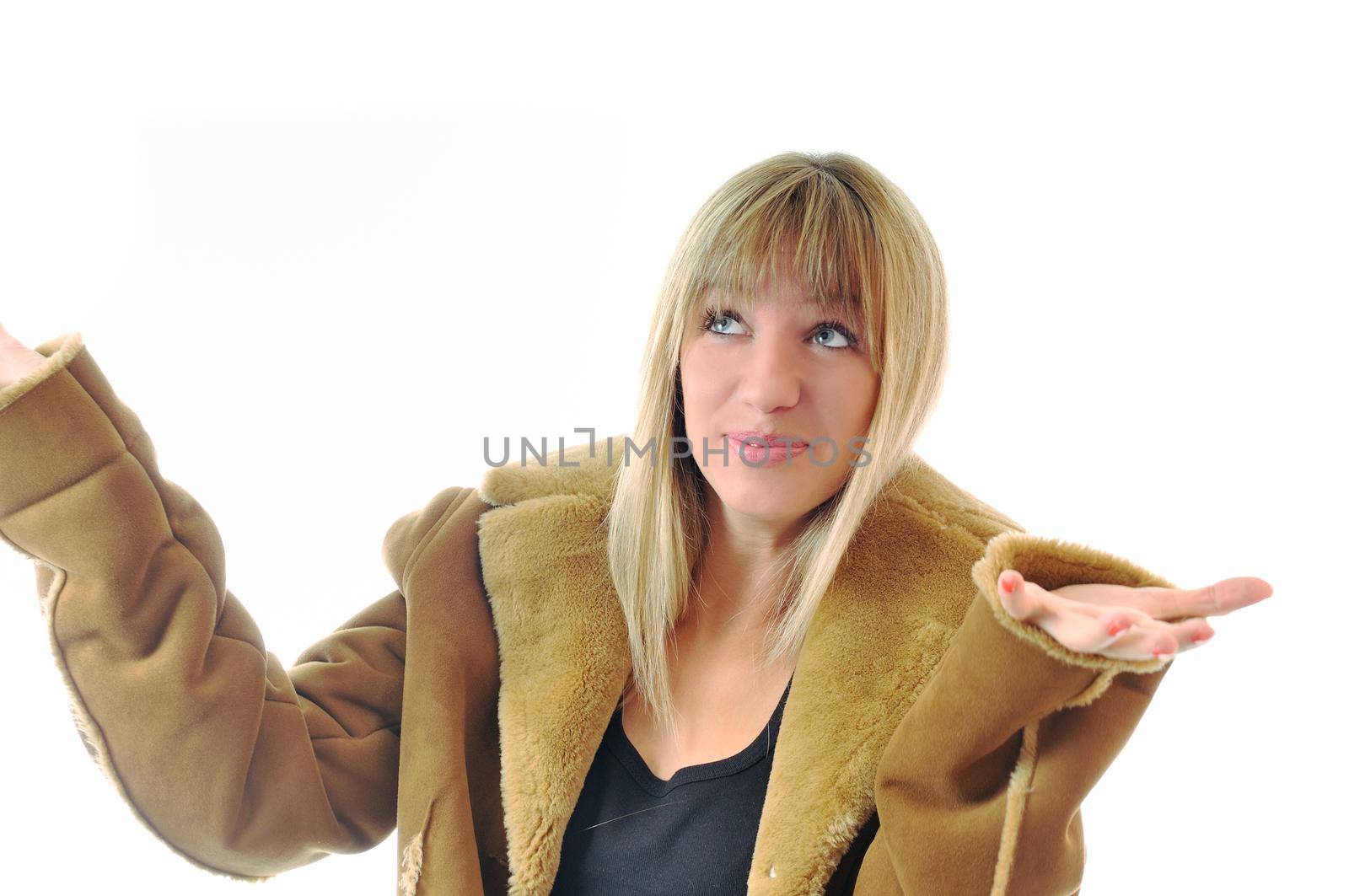 happy woman in winter coat isolated on white