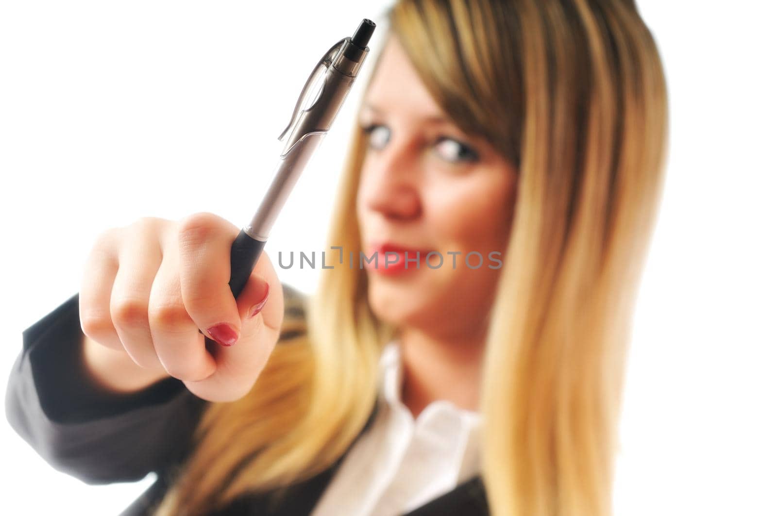 one young business woman with pen isolated on white background