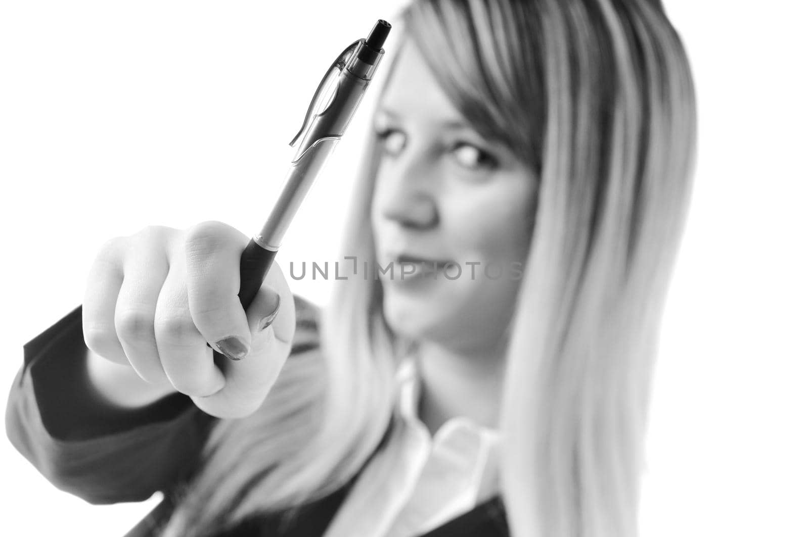 one young business woman with pen isolated on white background