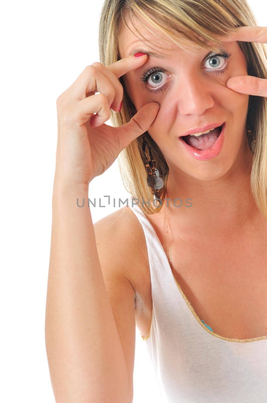 young happy funny woman face portrait hand hold eye look isolated fun joy sale price concept
