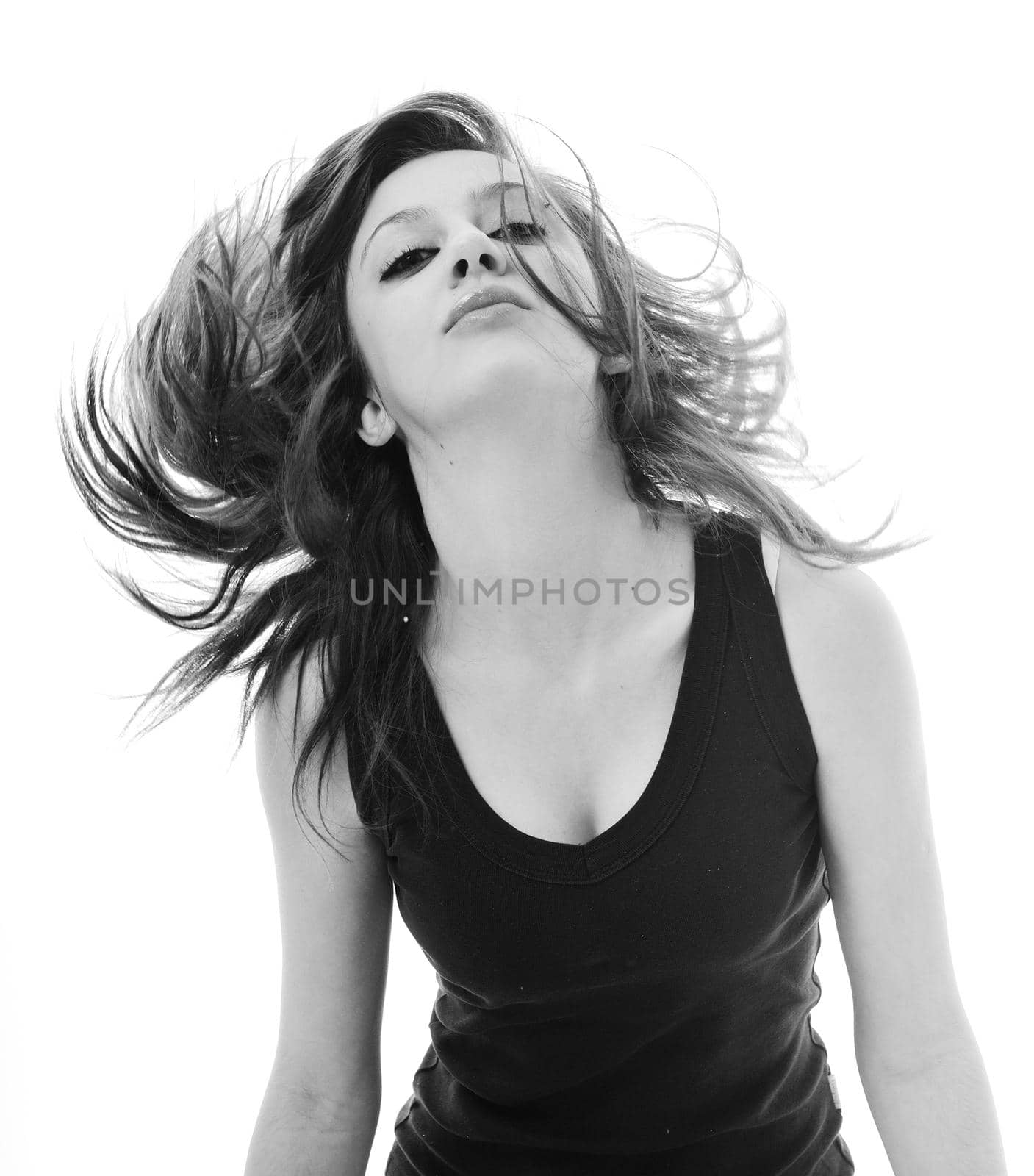 young beauty happy party woman dance with wind in hair isolated