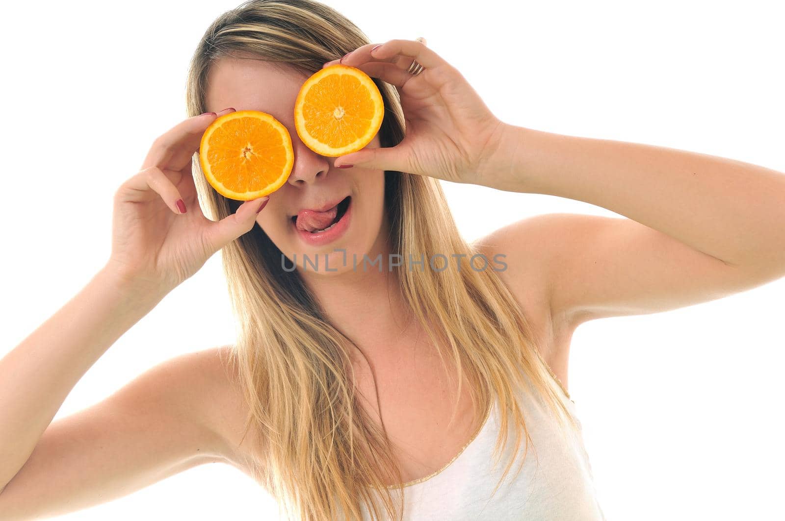 young woman orange isolated fruit food