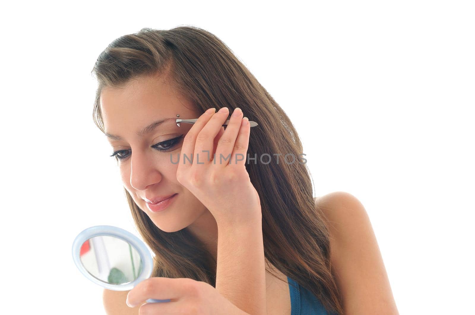 young girl cosmetic beauty isolated eye brow tweezer treatment