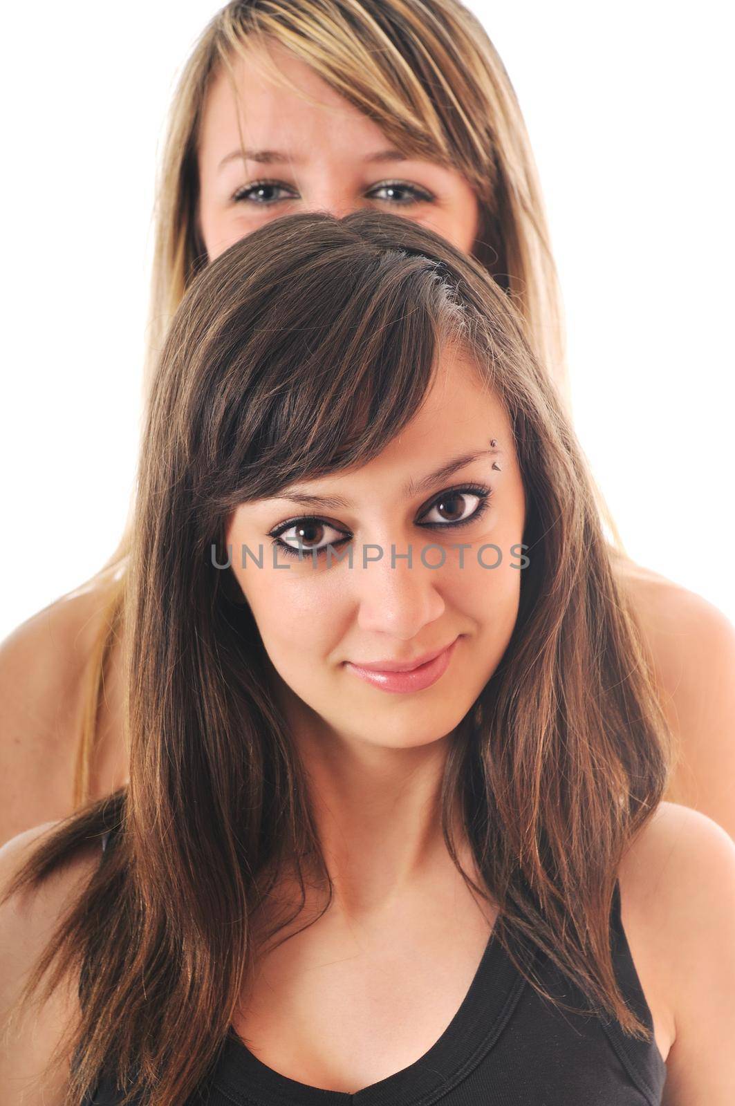 two young girl lesbian friend isolated happy on white background