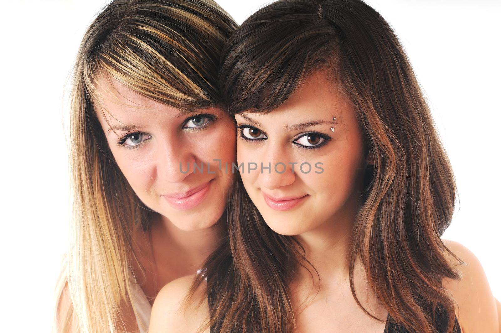 two young girl lesbian friend isolated happy on white background