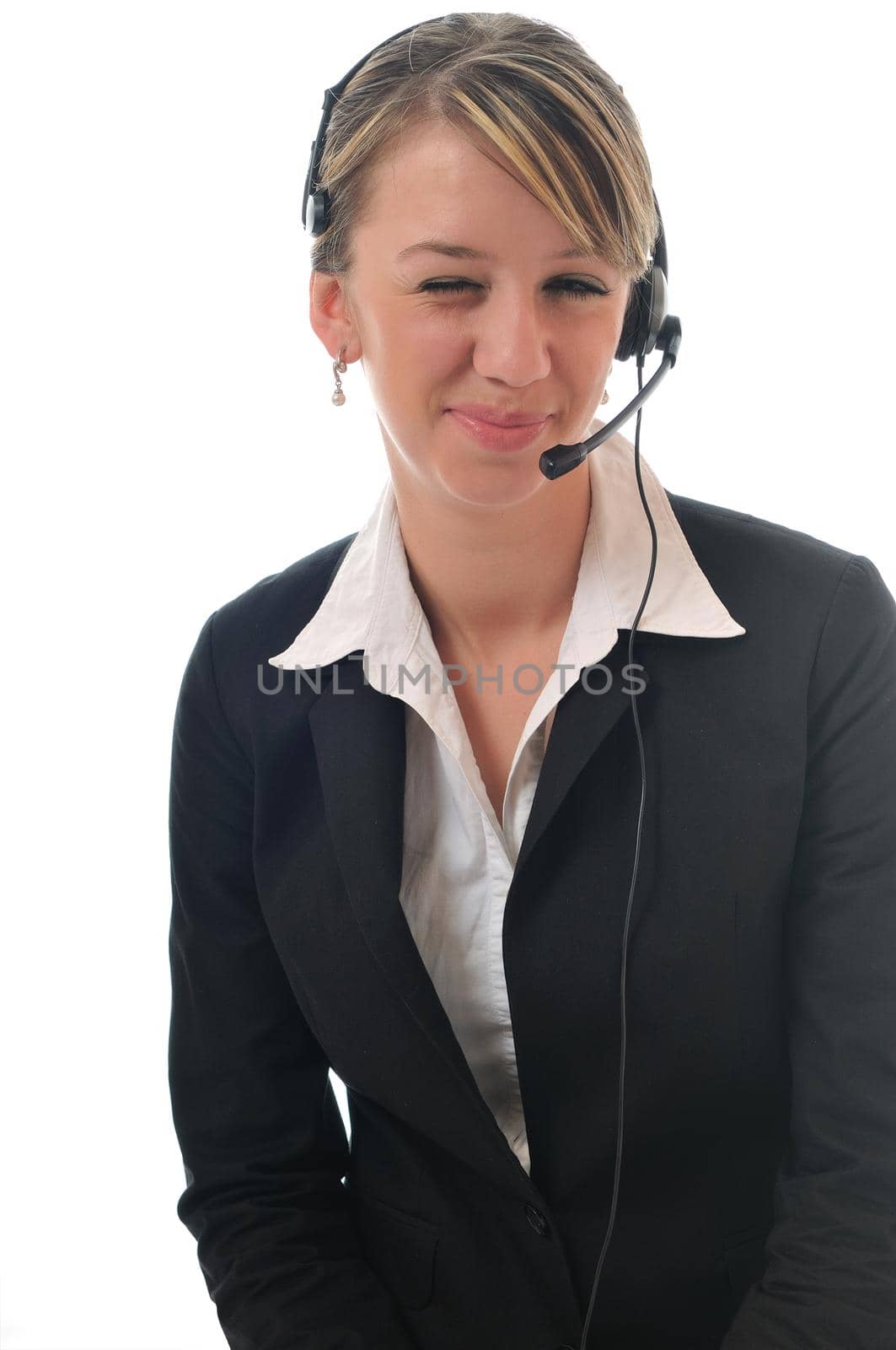 young beautiful business woman with headset phone help customer solution info service