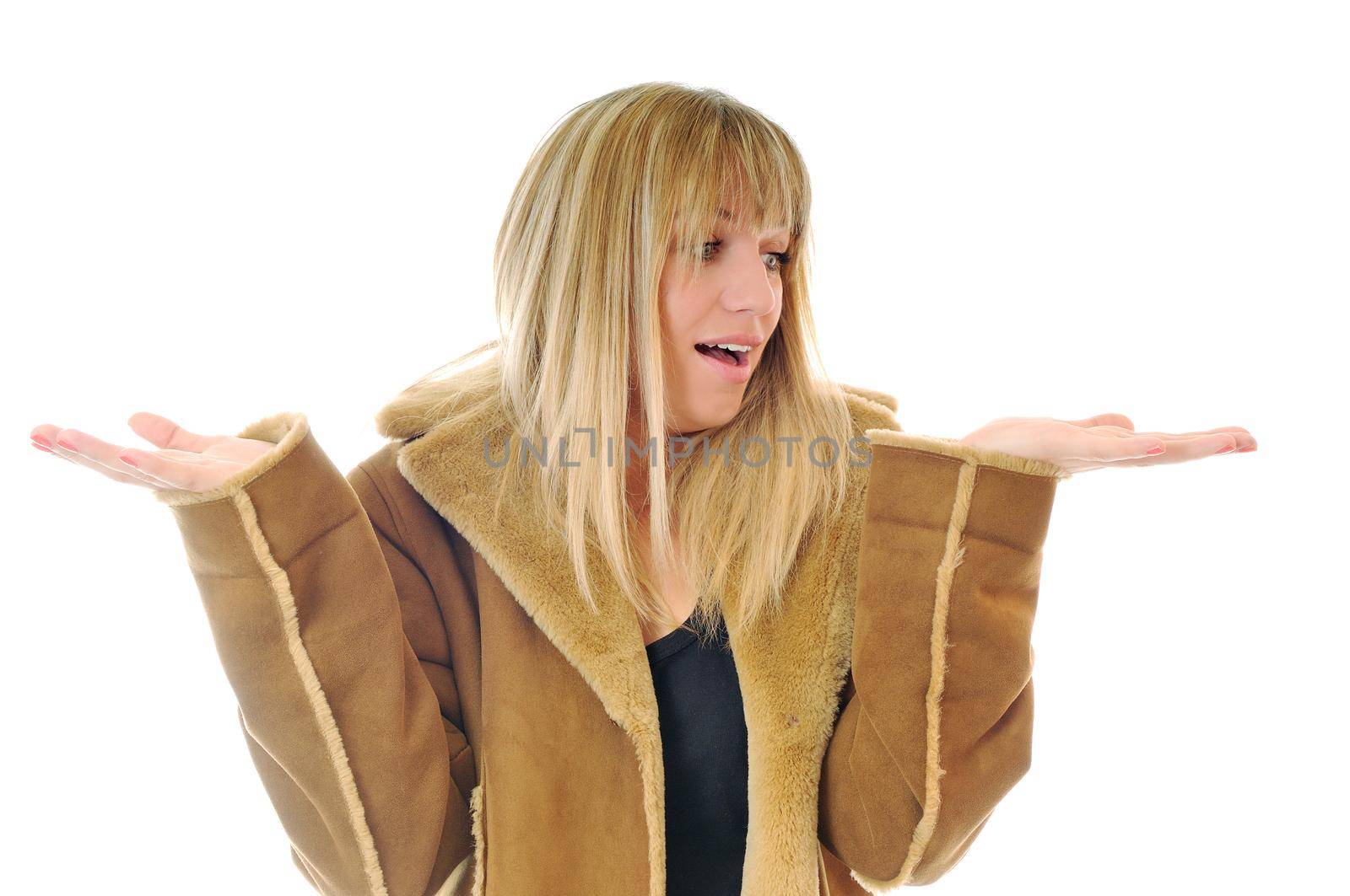 happy woman in winter coat isolated on white