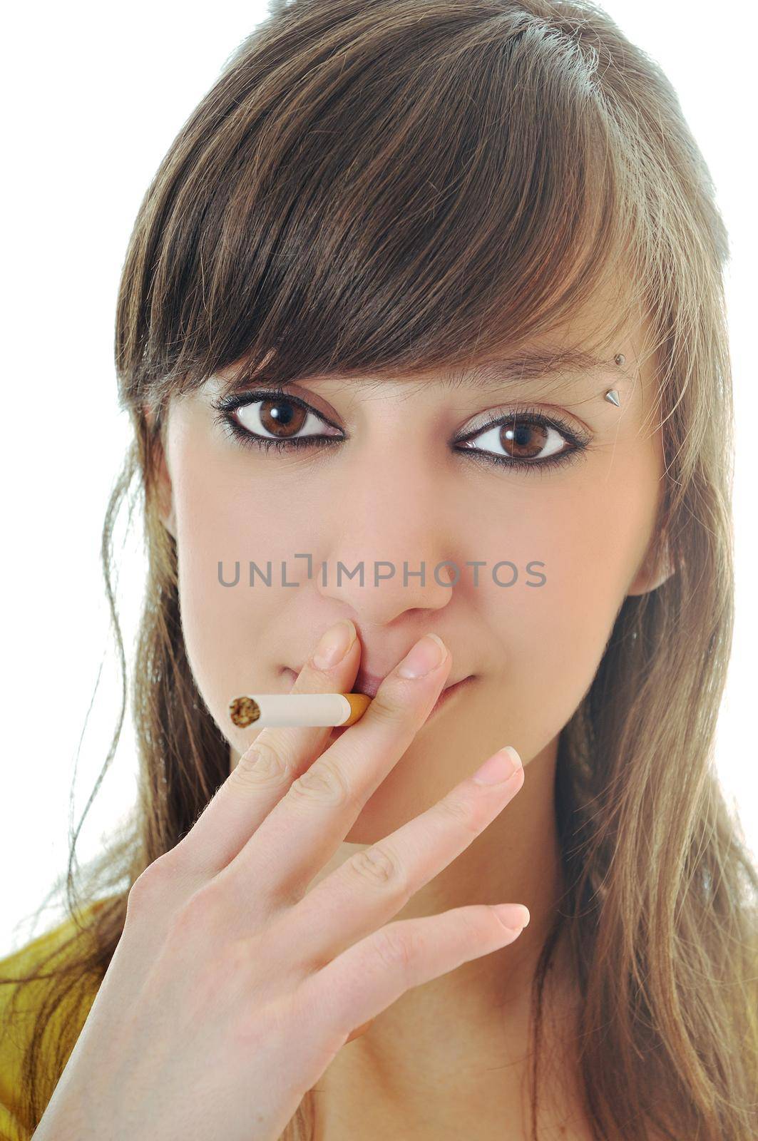 woman isolated on white stop smoking cigarette