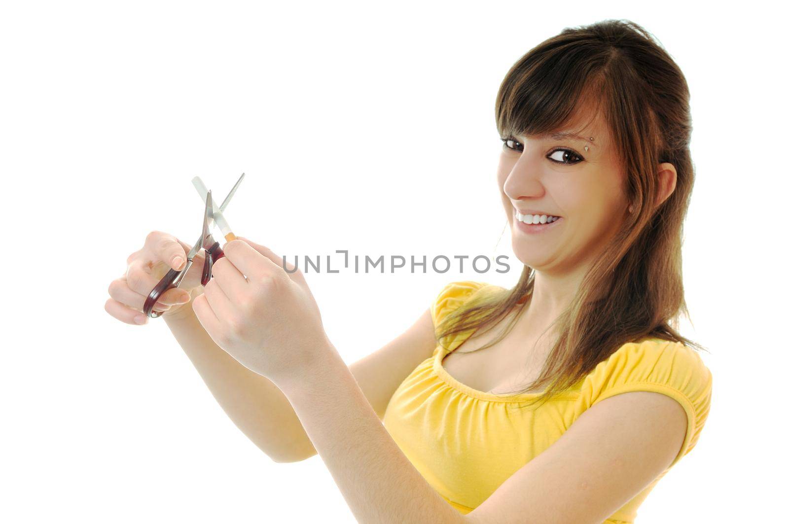 woman isolated on white stop smoking cigarette