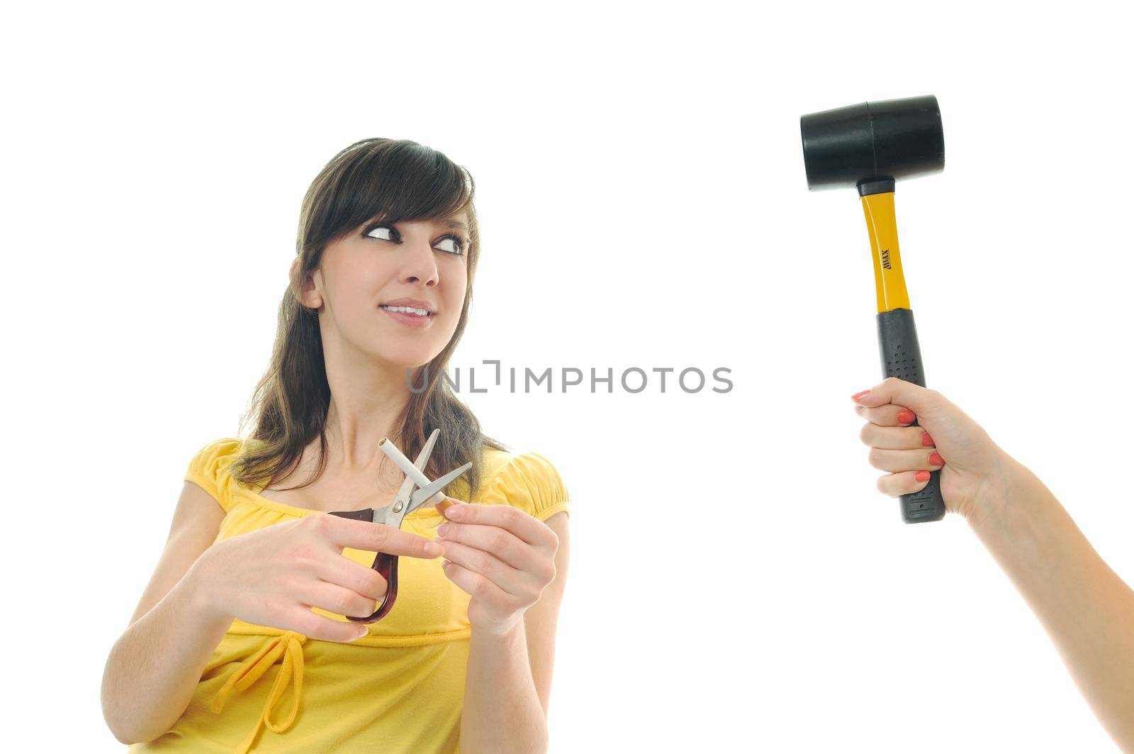 woman isolated on white stop smoking cigarette
