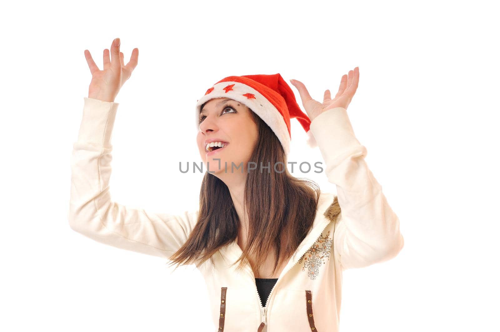 young happy woman with santa hat isolated on white