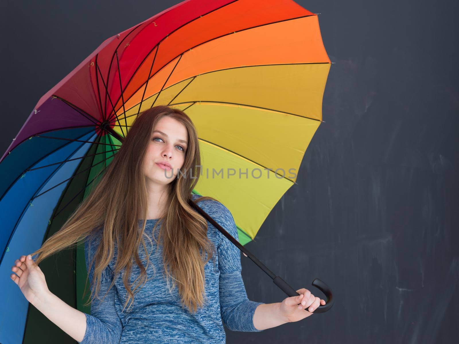 portrait of a young handsome woman with a colorful umbrella isolated on a gray background