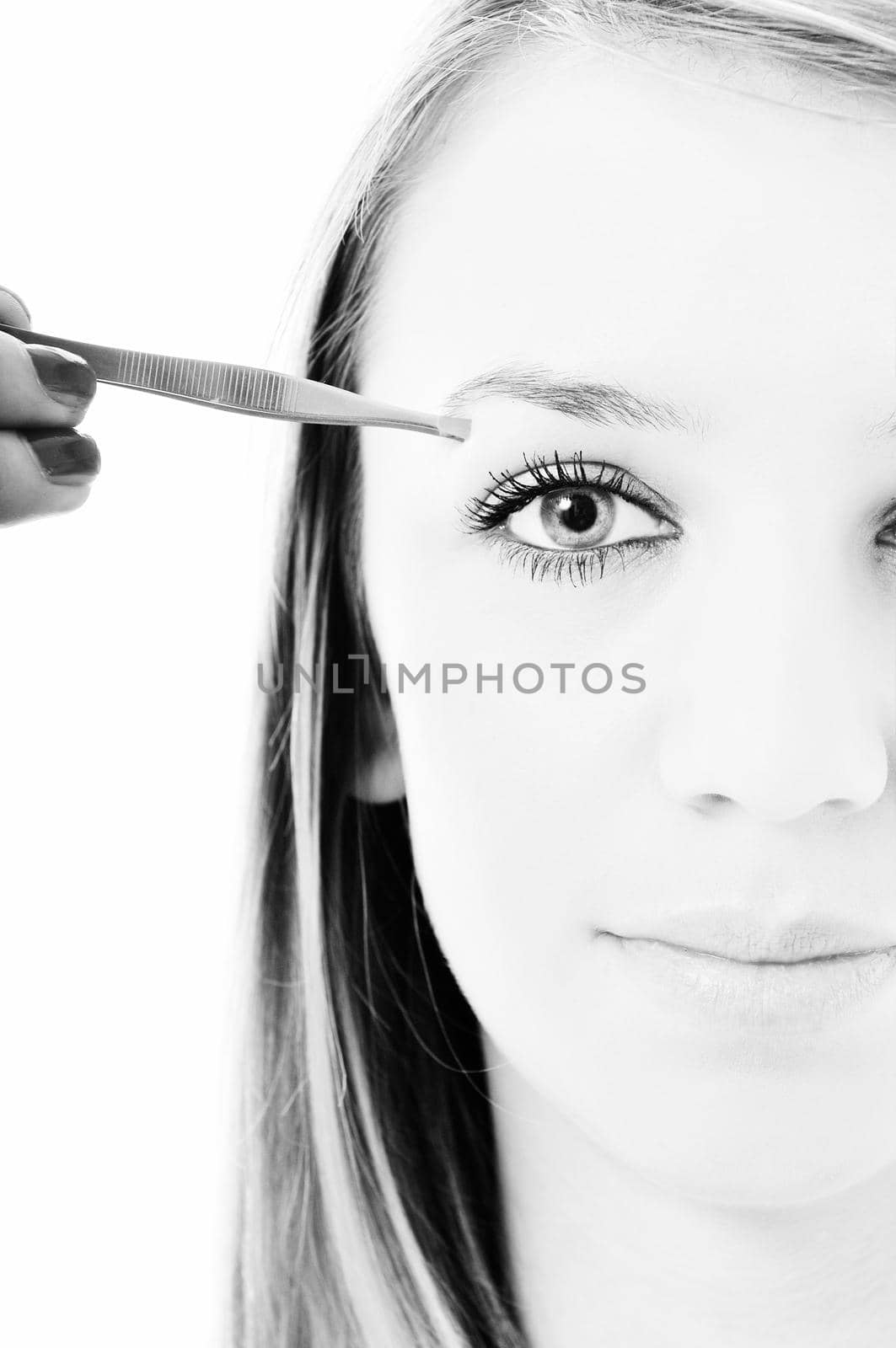 young girl cosmetic beauty isolated eye brow tweezer treatment