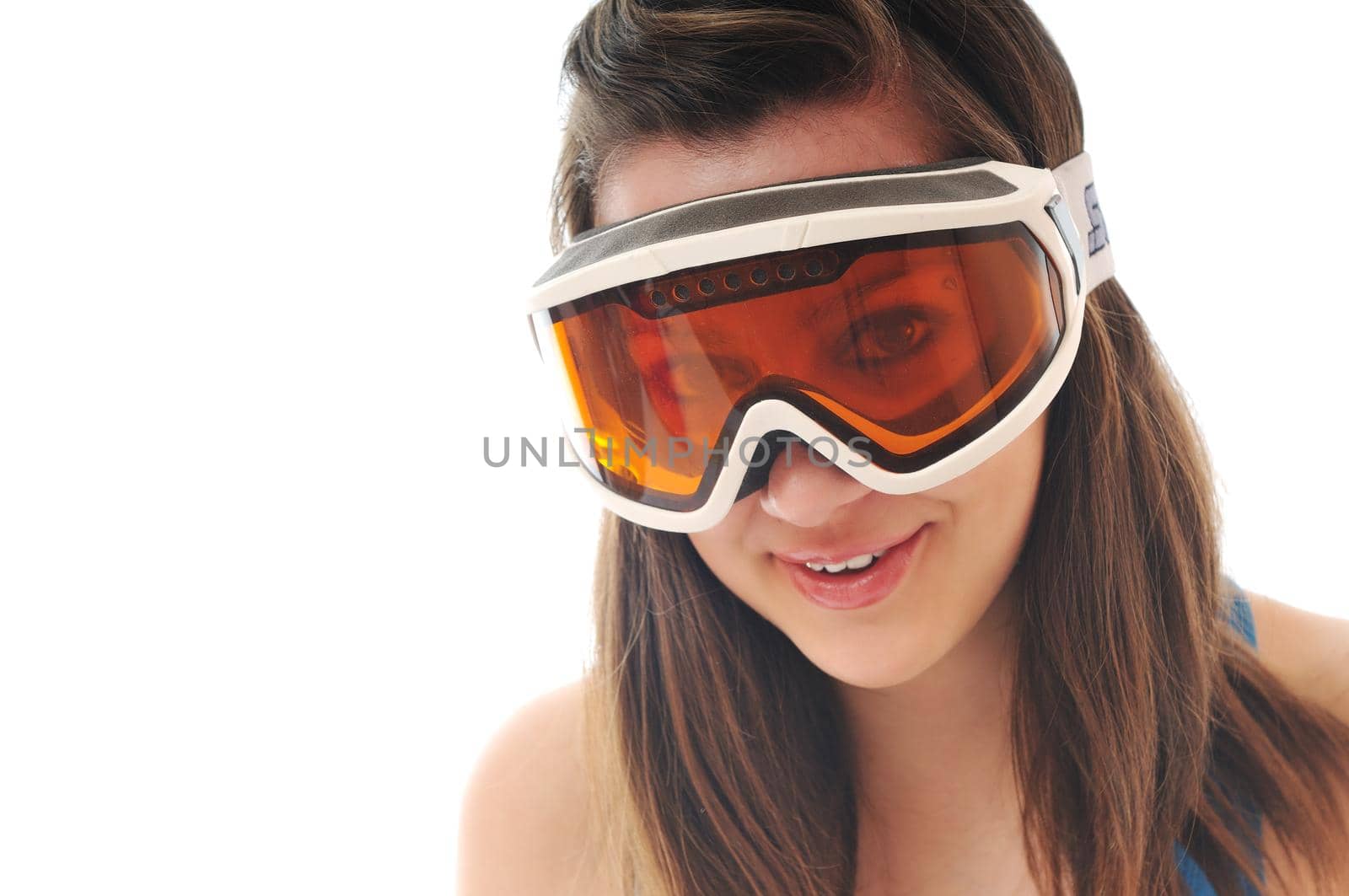 one young woman with ski googles isolated on white