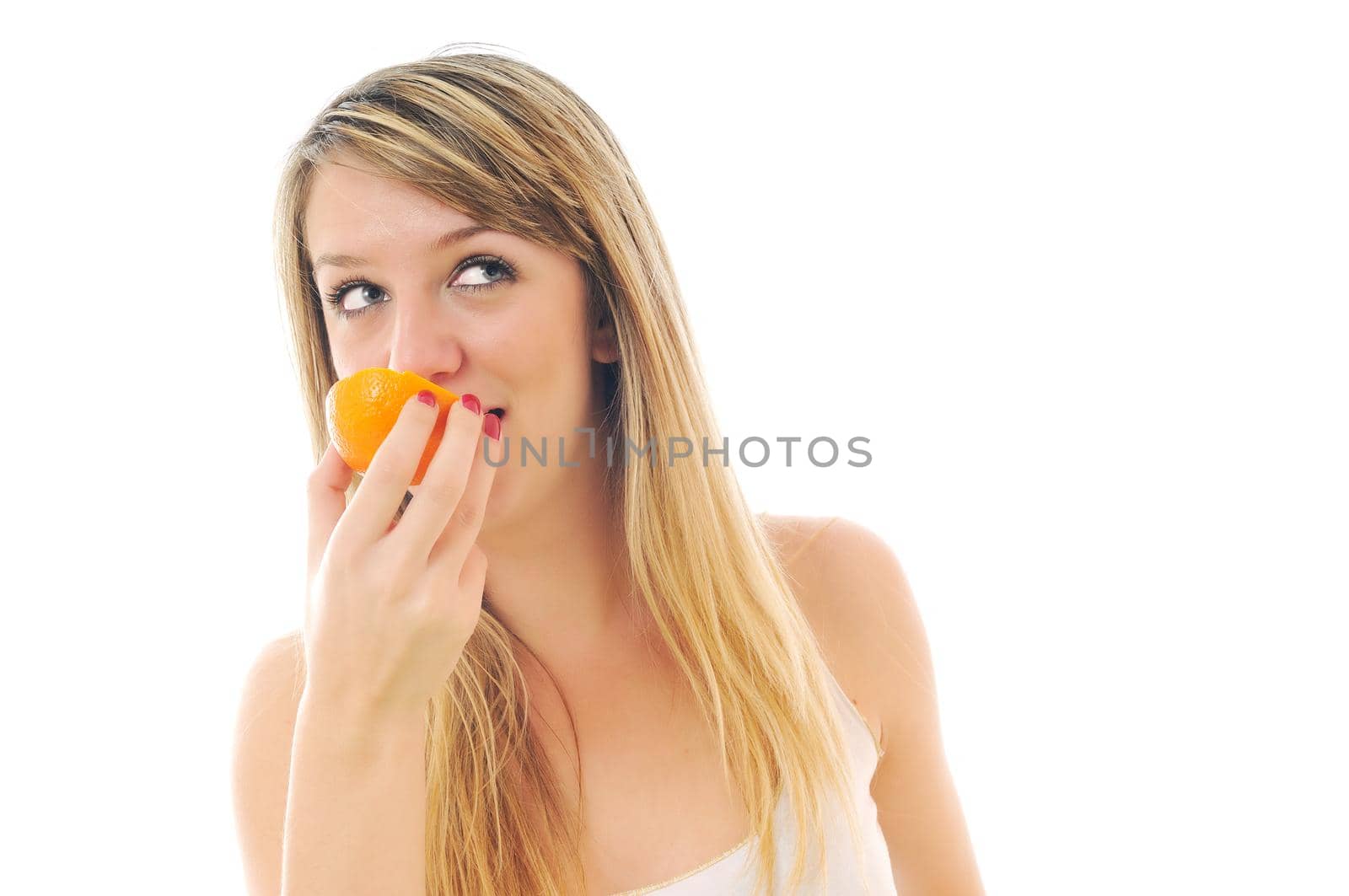 young woman portrait with orange isolated on white 