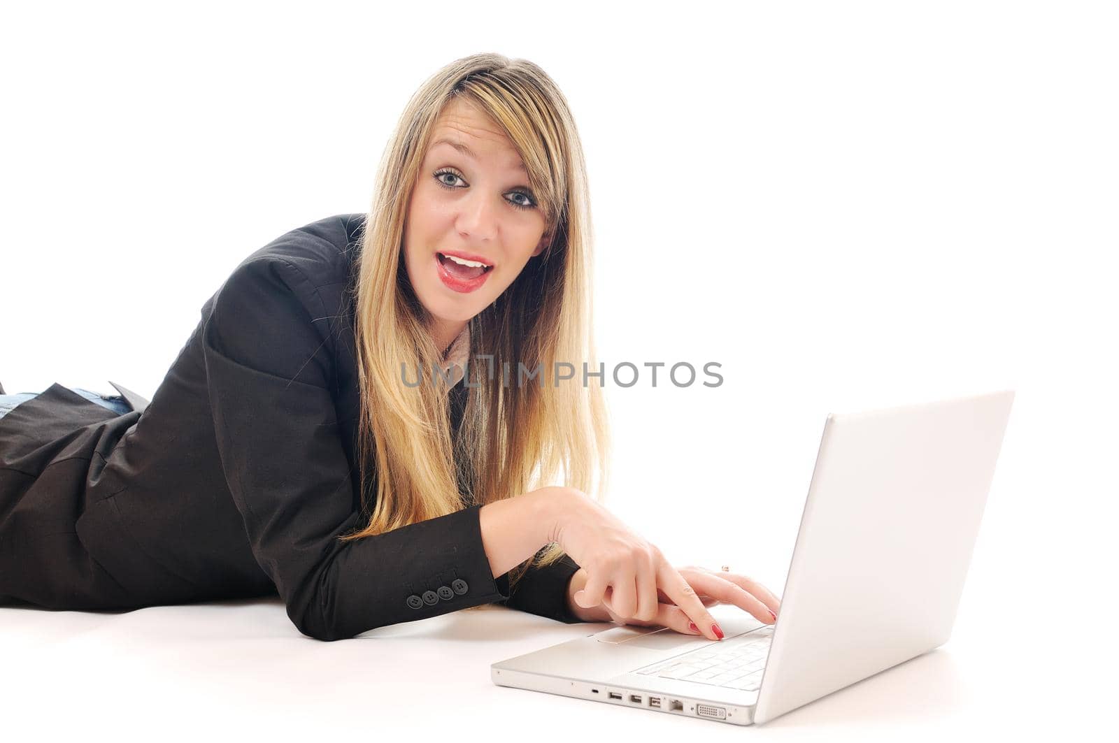 one young teen woman girl work on laptop isolated