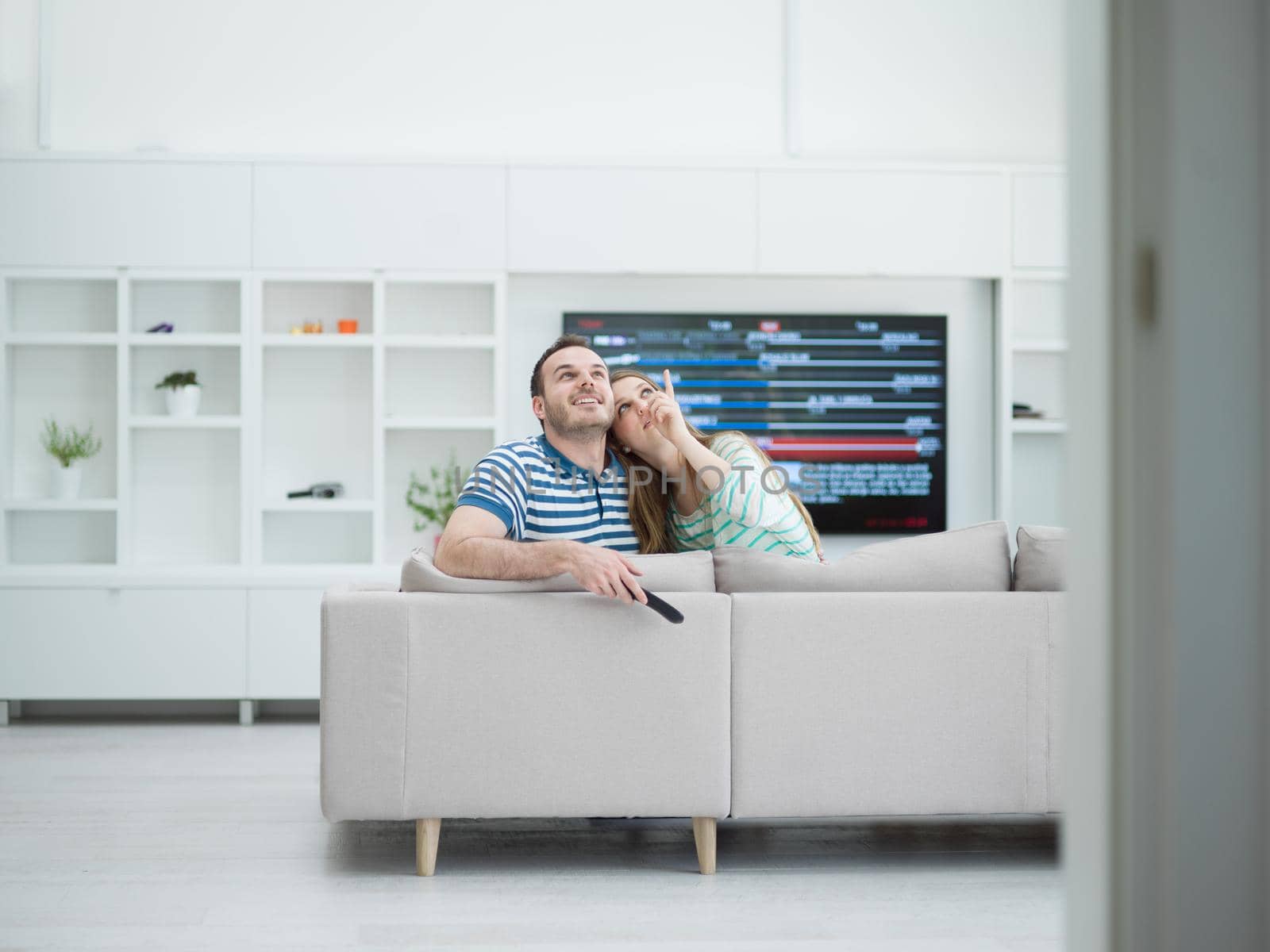 Young couple on the sofa watching television together in their luxury home