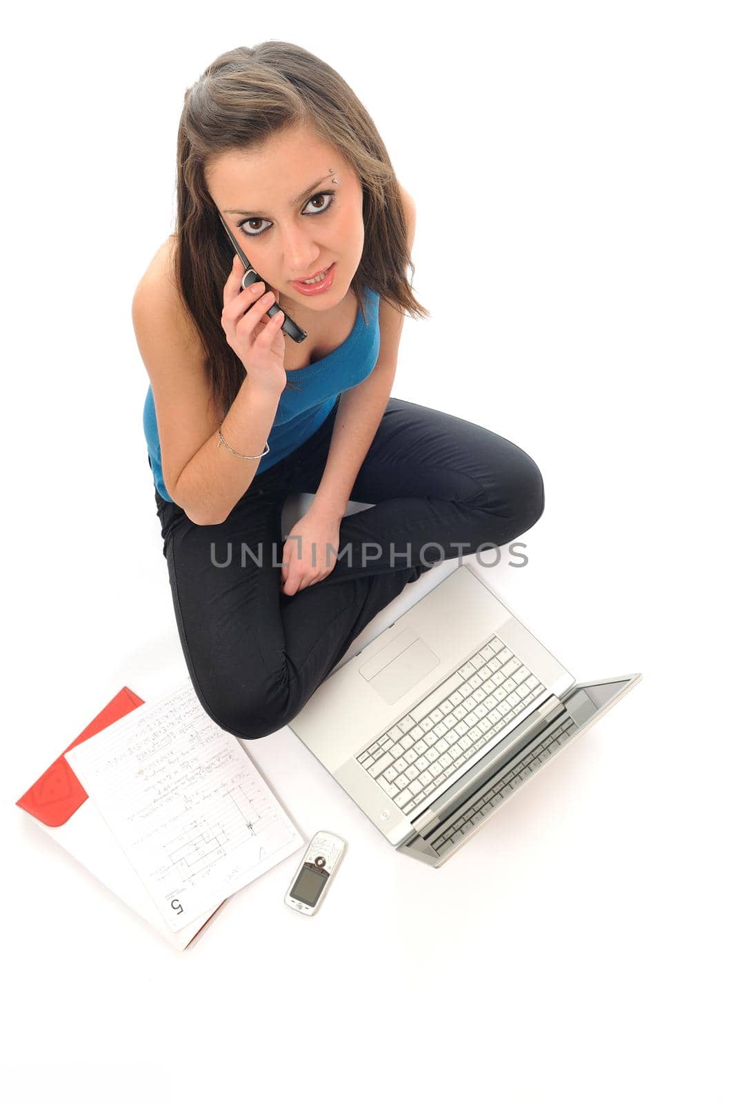 one young teen woman girl work on laptop isolated