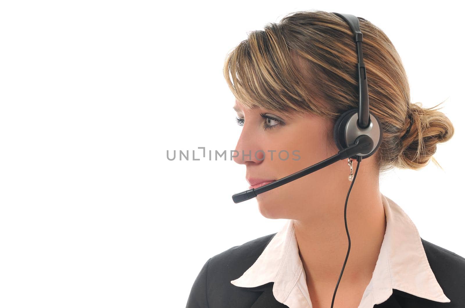 young beautiful business woman with headset phone help customer solution info service