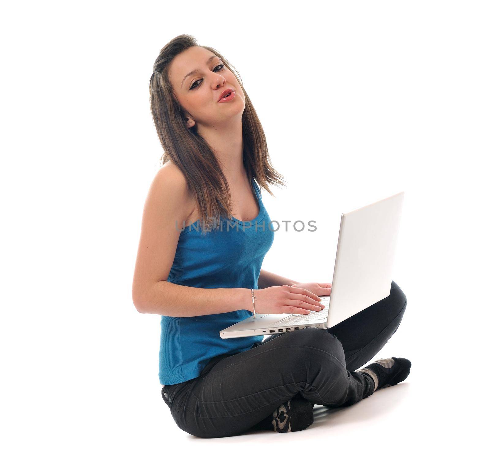 one young teen woman girl work on laptop isolated