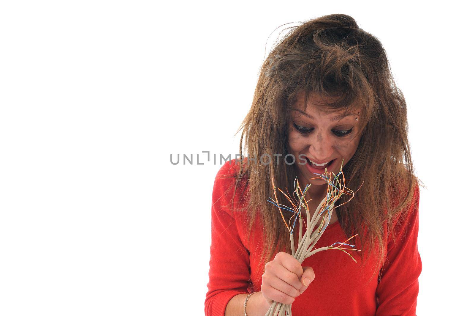 young woman with dark face electrical explosion shock concept connect