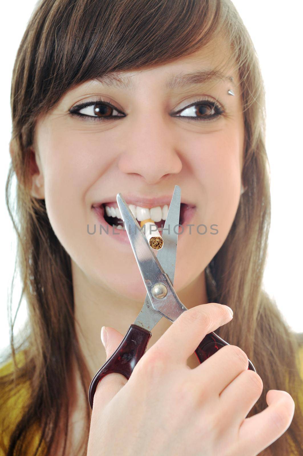 woman isolated on white stop smoking cigarette