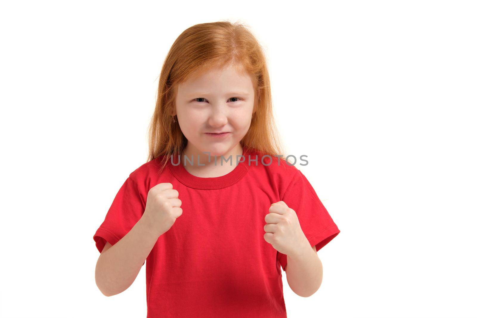 Close-up portrait mad young girl about to have nervous atomic breakdown, fist up in air, angry with someone isolated white background. Negative human emotion facial expression feeling attitude reaction