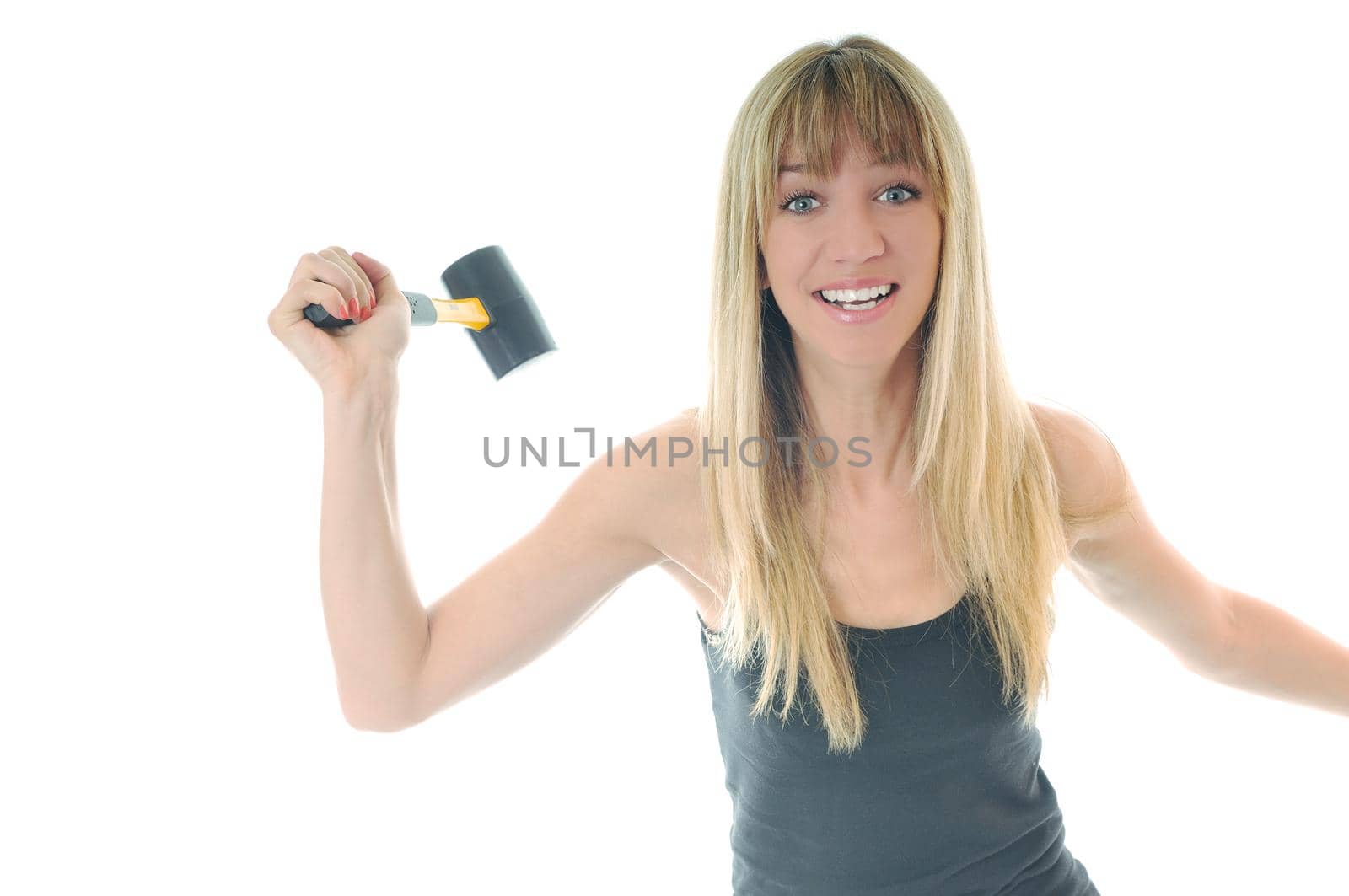 woman with hammer isolated on white