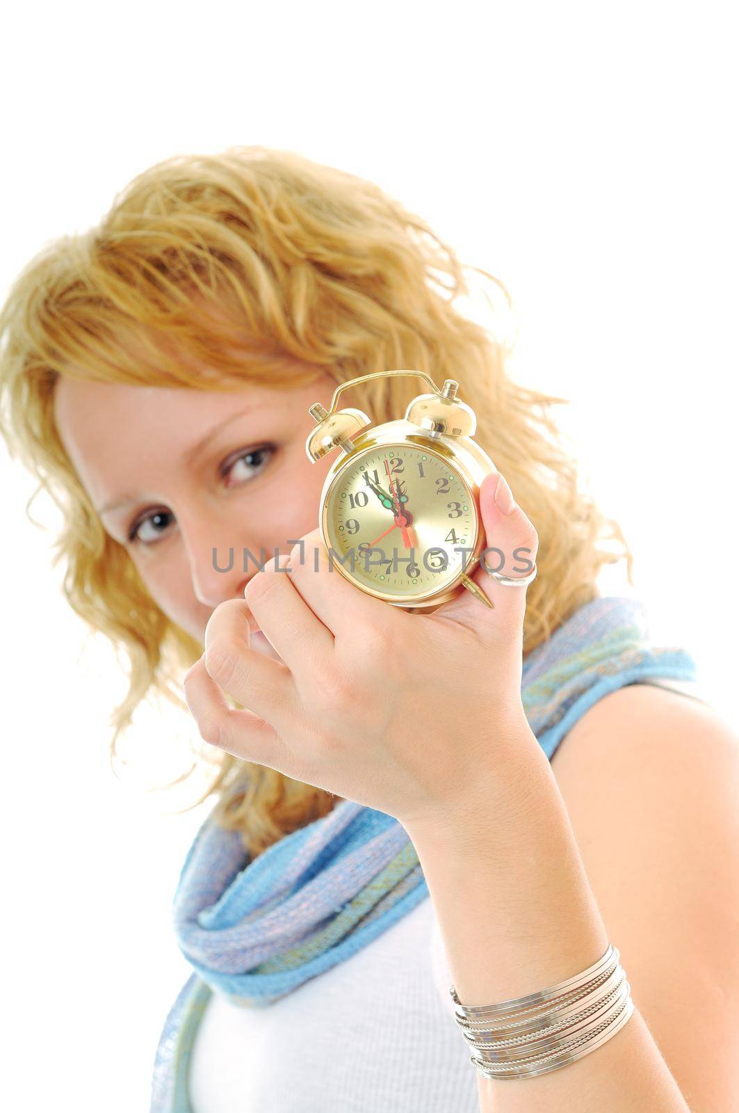 young happy woman hold clock isolated on white