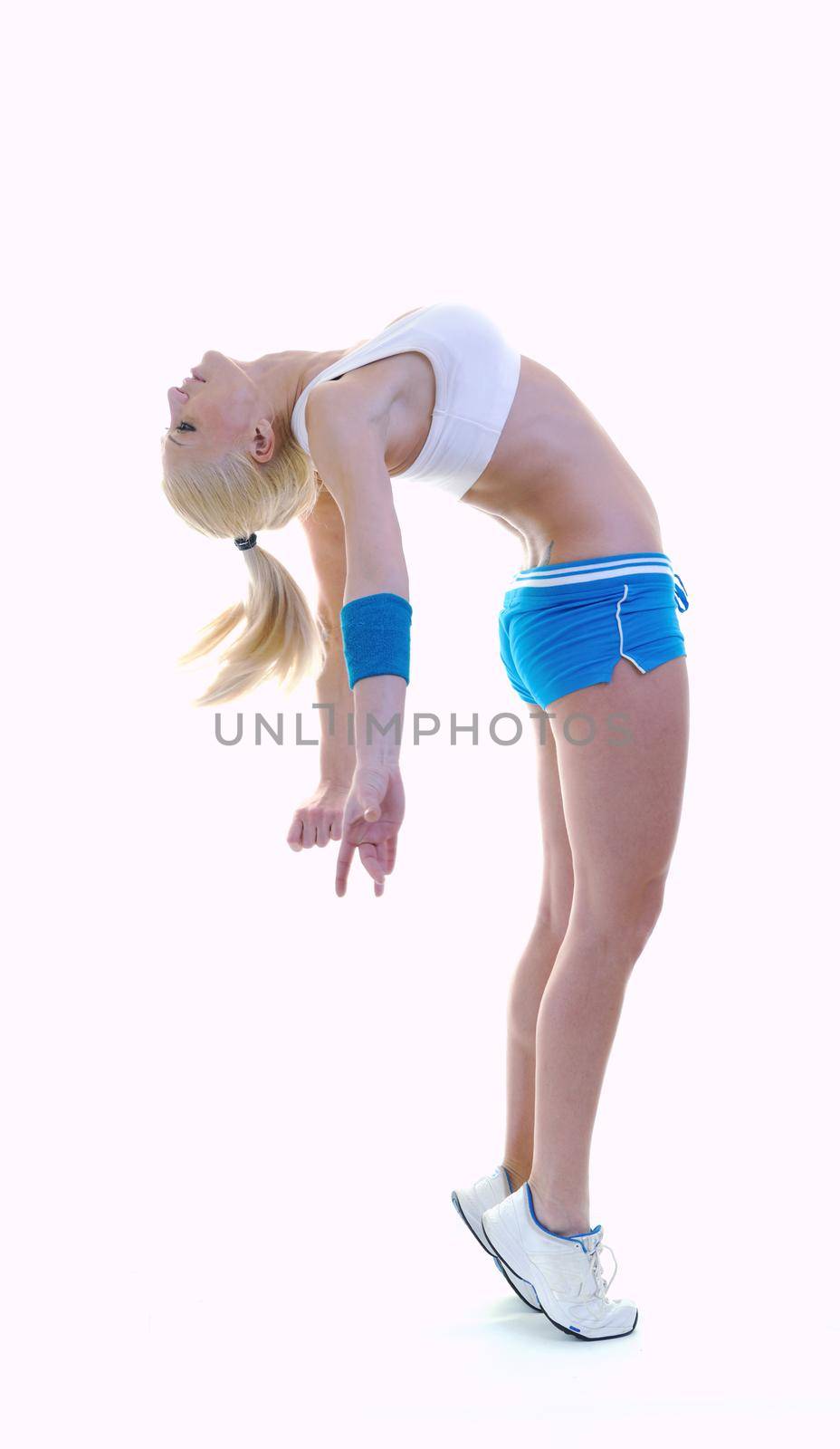 fitness and exercise with blonde woman  isolated on white representing diet and weight loss concept