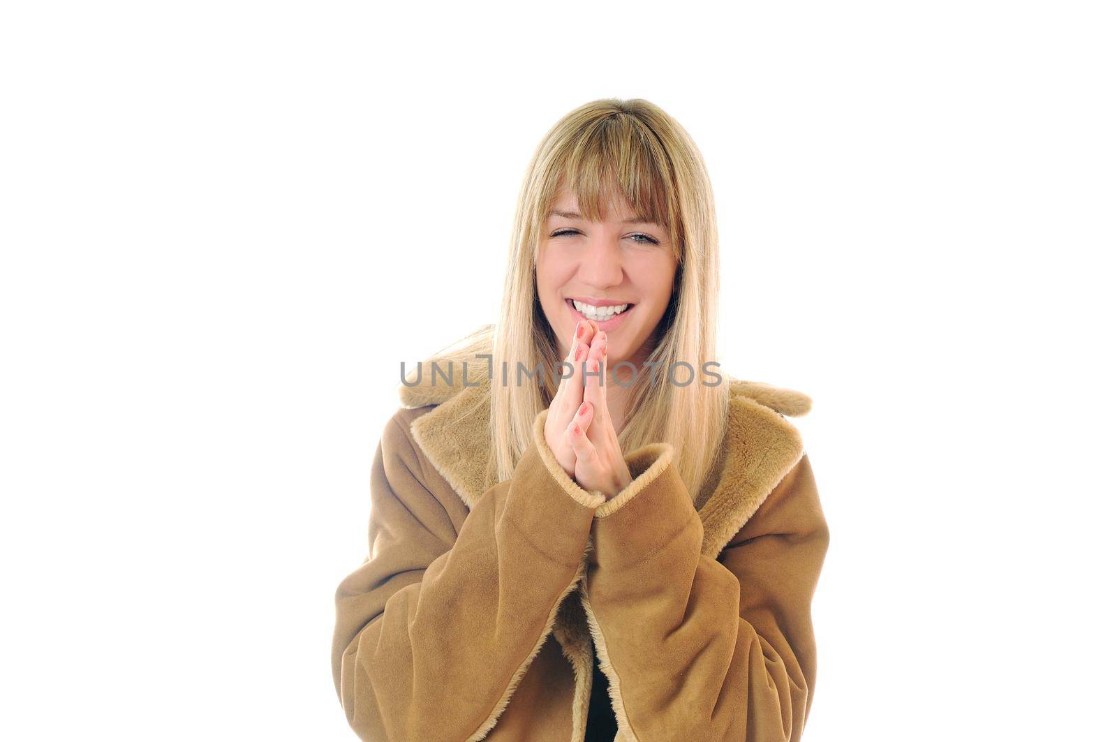 happy woman in winter coat isolated on white